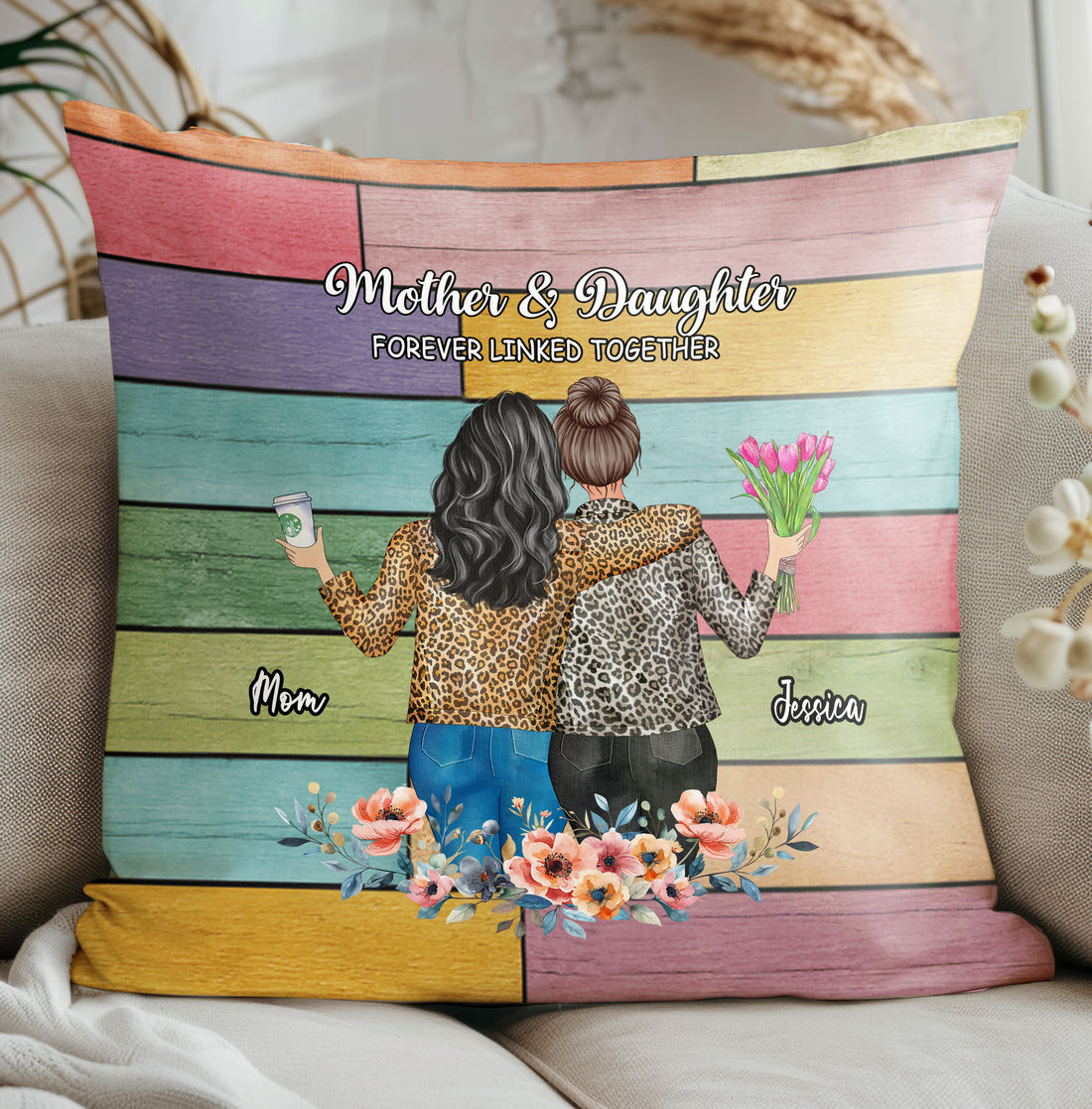 Personalized Mother And Daughter Forever Linked Together Pillow With Names

