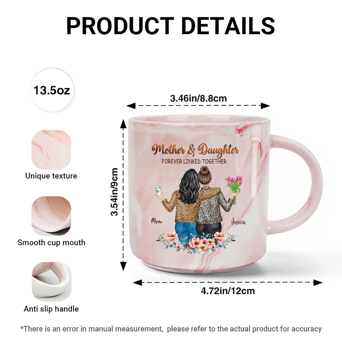Mother and Daughter forever Linked Together Personalized Marble Mug, Gift For Mom, Gift For Grandma