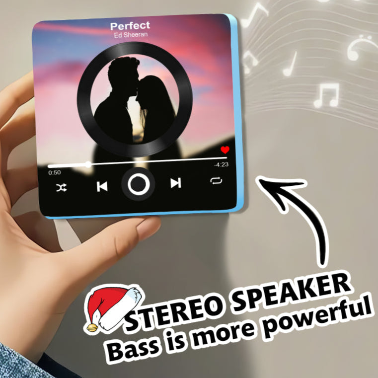 Hand holding a square music player fridge magnet with blue trim, custom couple photo and playback interface