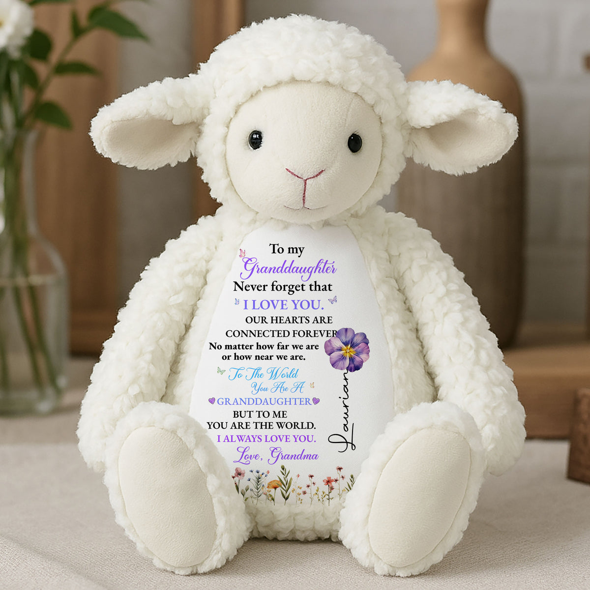 Personalized Never Forget That I Love You Our Heart Are Connected Forever Plush Lamb, Custom Stuffed Animals for Granddaughter