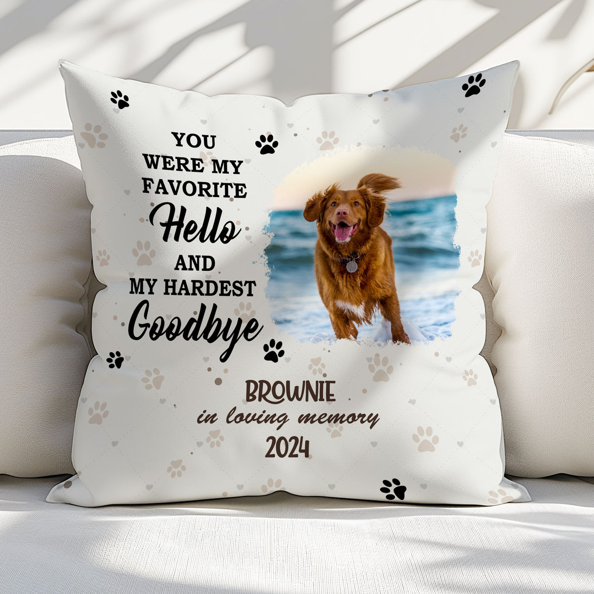 Personalized Pet Photo Memorial Pillow with "Favorite Hello Hardest Goodbye" Quote

