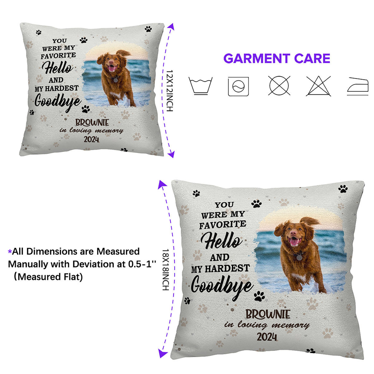 Personalized Pet Photo Memorial Pillow with "You Were My Favorite Hello And My Hardest Goodbye" Quote and Pet's Name