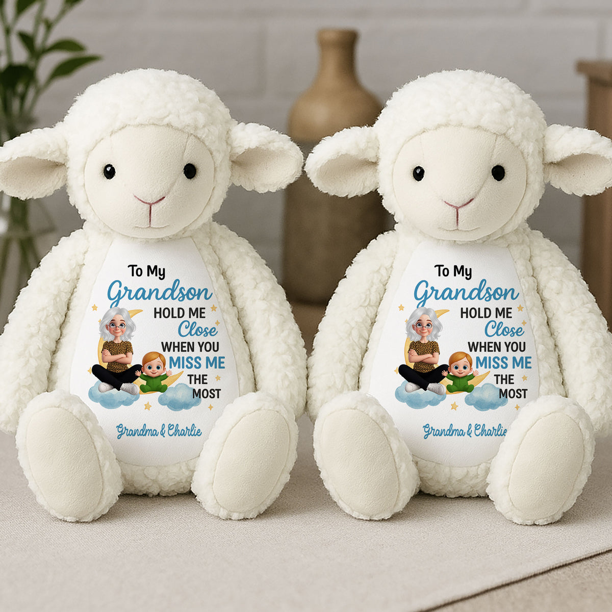 Personalized Plush Lamb for Grandson - Custom Name Stuffed Animal Comfort Gift