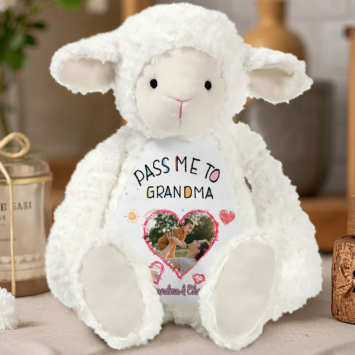 Personalized Plush Lamb with Photo Pass Me To Grandma | Custom Stuffed Animal for Grandma