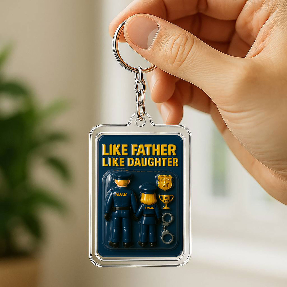 Personalized Police Officer Father Daughter Father's Day Gift - 3D Style Keychain Custom Names