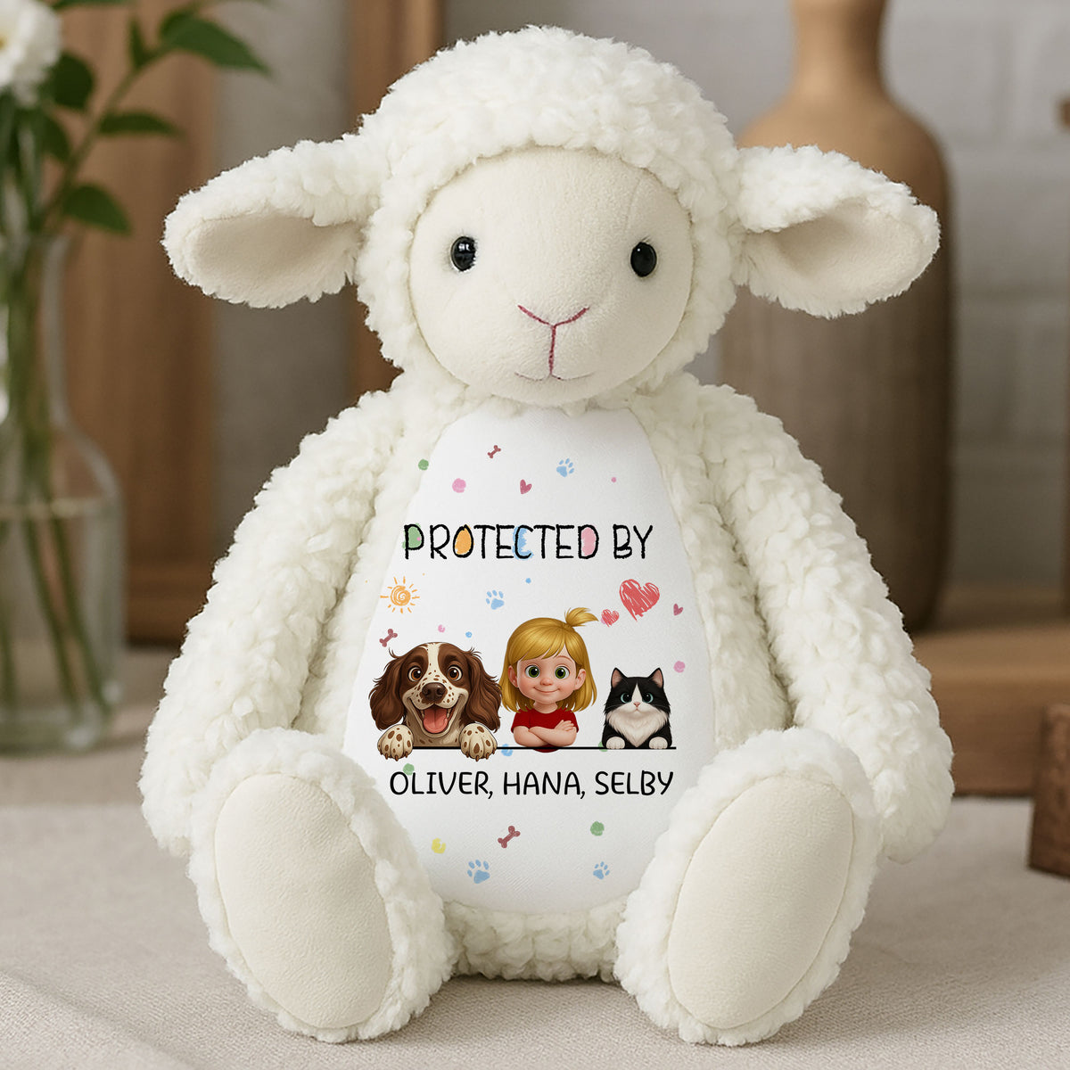 Personalized 'Protected By' Plush Lamb | Custom Dog, Cat, Sibling Names Lamb Stuffed Animals
