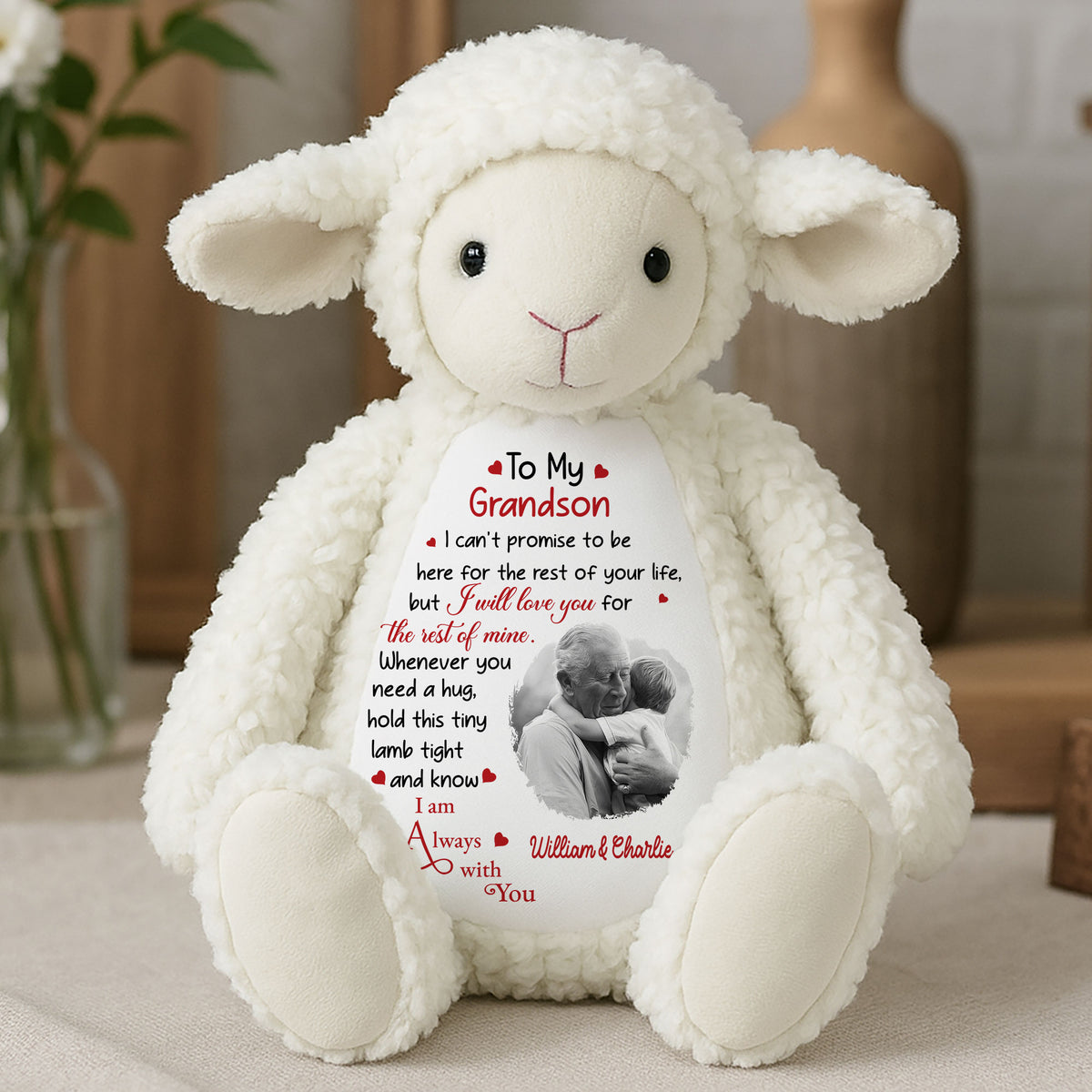 Personalized To My Grandson I Cant Promise To Be Here For The Rest Of Your Life Plush Lamb, Custom Photo Stuffed Animals