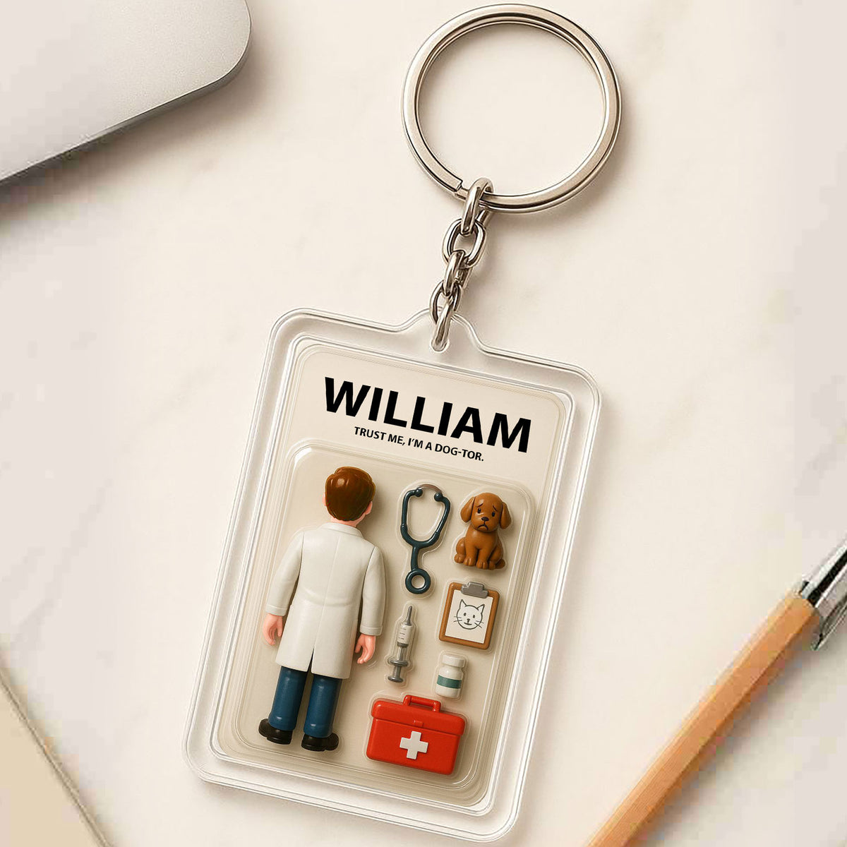 Personalized Veterinarian Father's Day Gift - 3D Style "Dog-tor" Keychain Custom Name