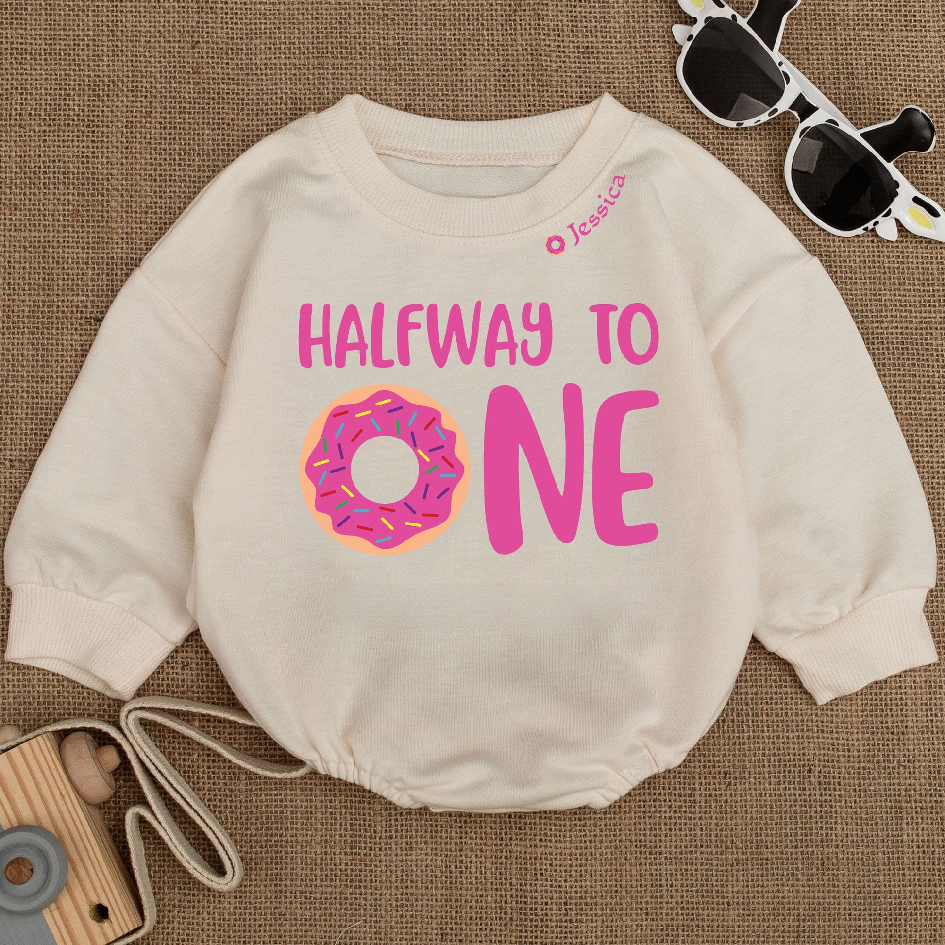 Baby Bodysuit Romper Long Sleeve Customize Halfway To One Personalized Custom Babysuit - Gift For Baby And Mom - LuthCreative