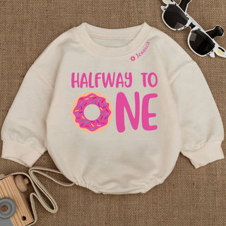 Baby Bodysuit Romper Long Sleeve Customize Halfway To One Personalized Custom Babysuit - Gift For Baby And Mom