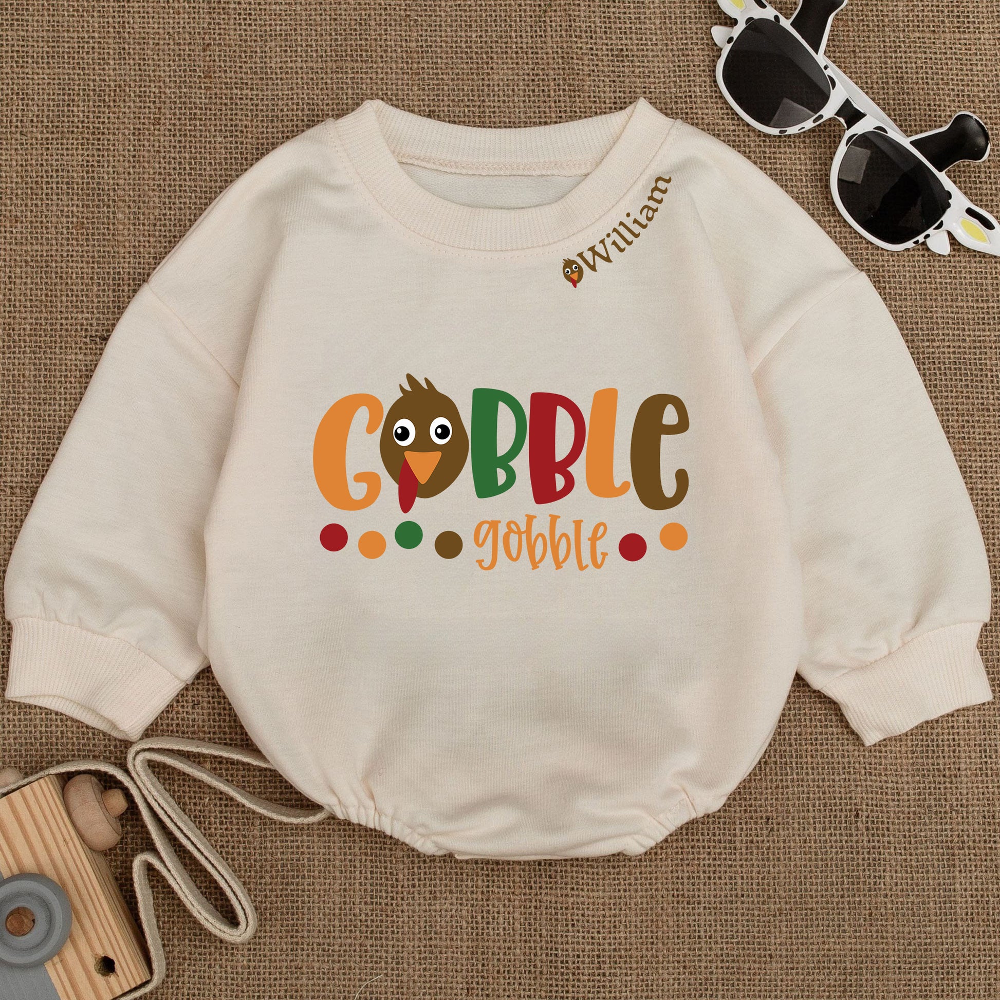 Baby Bodysuit Romper Long Sleeve Gobble Customize Name Neck Personalized Custom Babysuit - Gift For Baby And Mom - LuthCreative