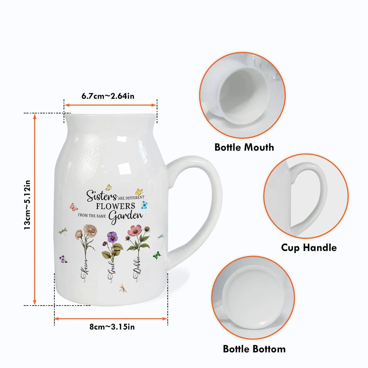 White ceramic flower vase with handle, birth month flowers print, dimensions, and closeup inserts of the mouth, handle, and
