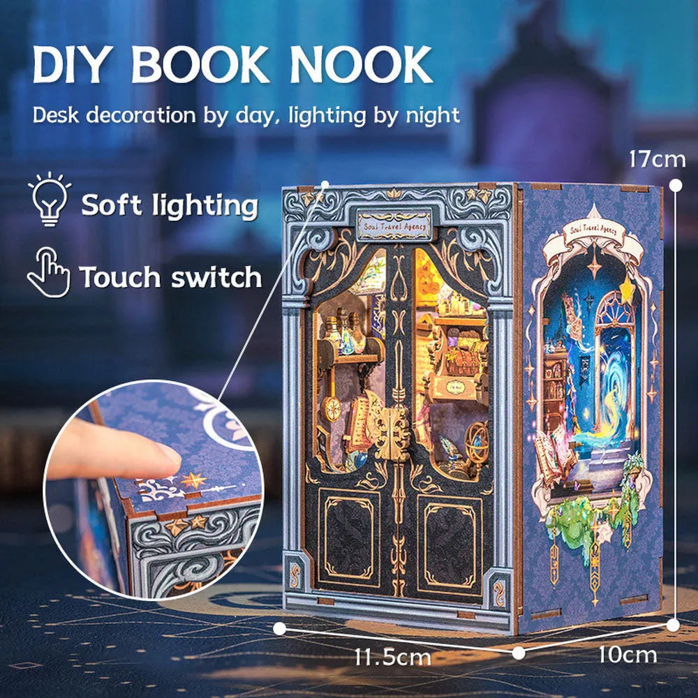 Soul Travel Agency DIY book nook kit with dimension arrows and an inset showing a finger tapping the touch switch.