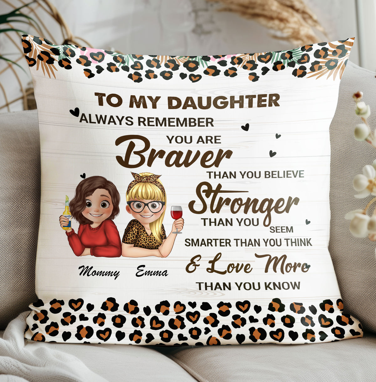 Personalized pillow with a leopard print border, displaying a touching quote and custom avatars of a mother and daughter