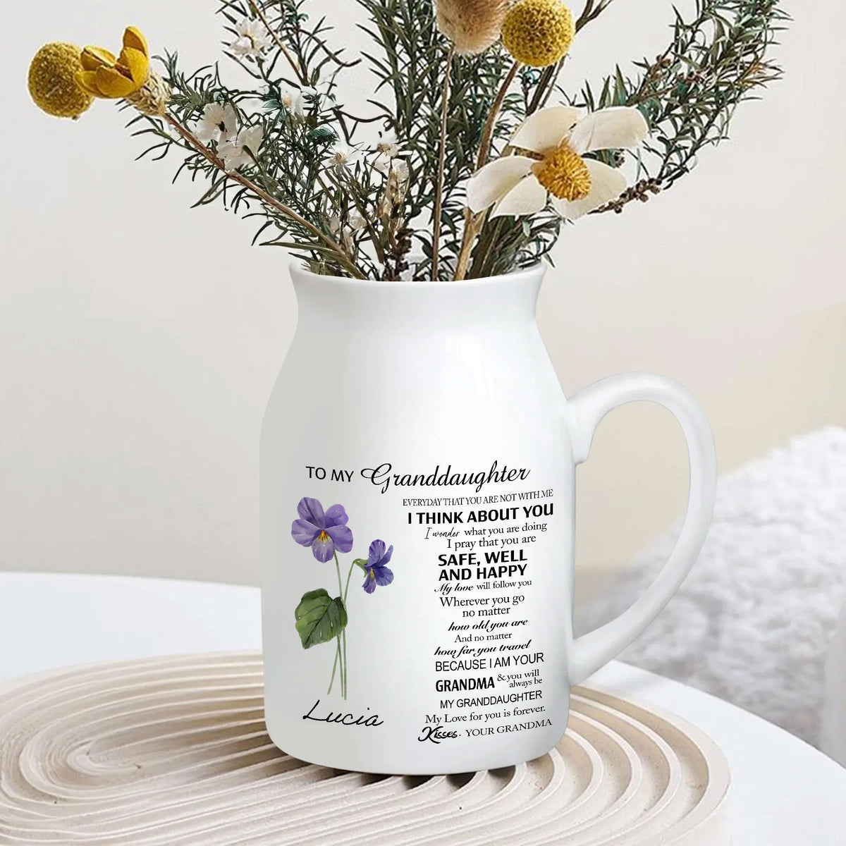 To My Granddaughter Birth Flower Personalized Ceramic Vase, Custom Besties Gift, Custom Mother's Day Gift