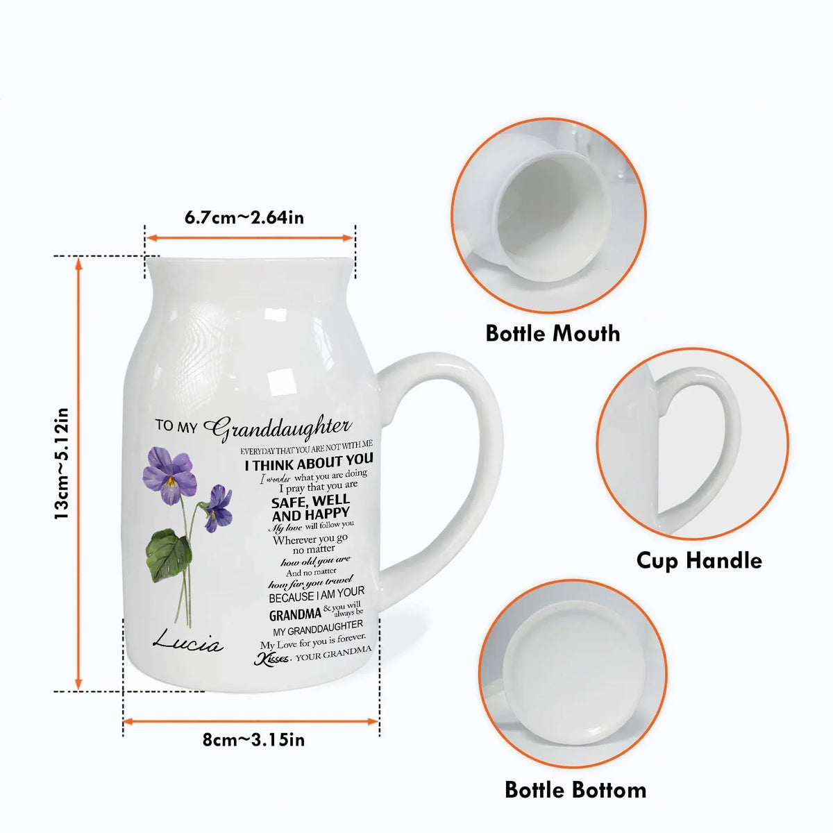 Personalized white ceramic flower vase with dimension overlays and inset close-ups of the mouth, handle, and bottom.