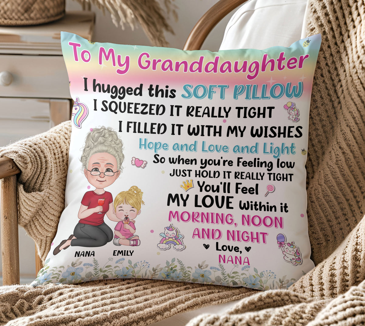 Personalized flannel pillow on an armchair with a cozy blanket, featuring pastel rainbow art and custom names.