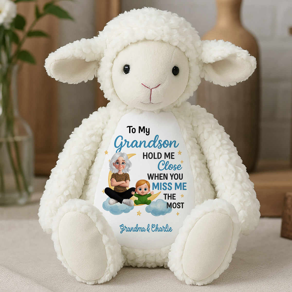 To My Grandson Hold Me Close When You Miss Me the Most Personalized Plush Lamb, Custom Art and Name Stuffed Animals