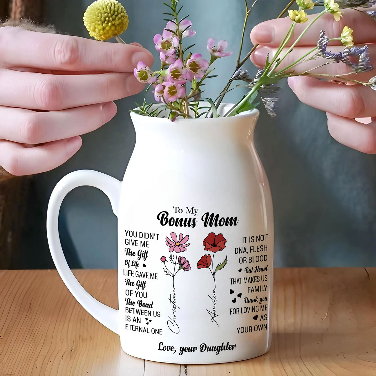 To my Bonus Mom Birth Flower Personalized Ceramic Vase, Custom Grandma Gift, Custom Mother's Day Gift