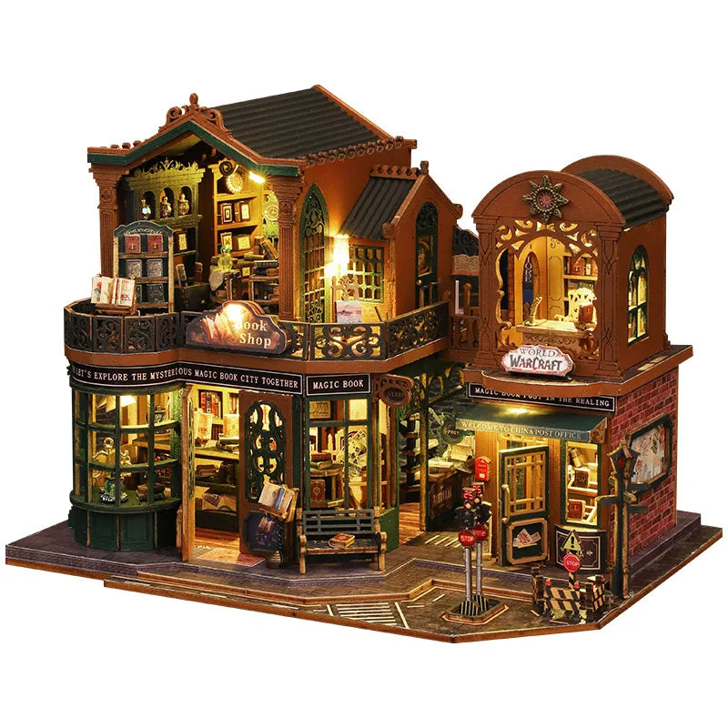 Front view of the fully assembled DIY Twilight Miniature House Book Nook Kit illuminated with warm LED lights.