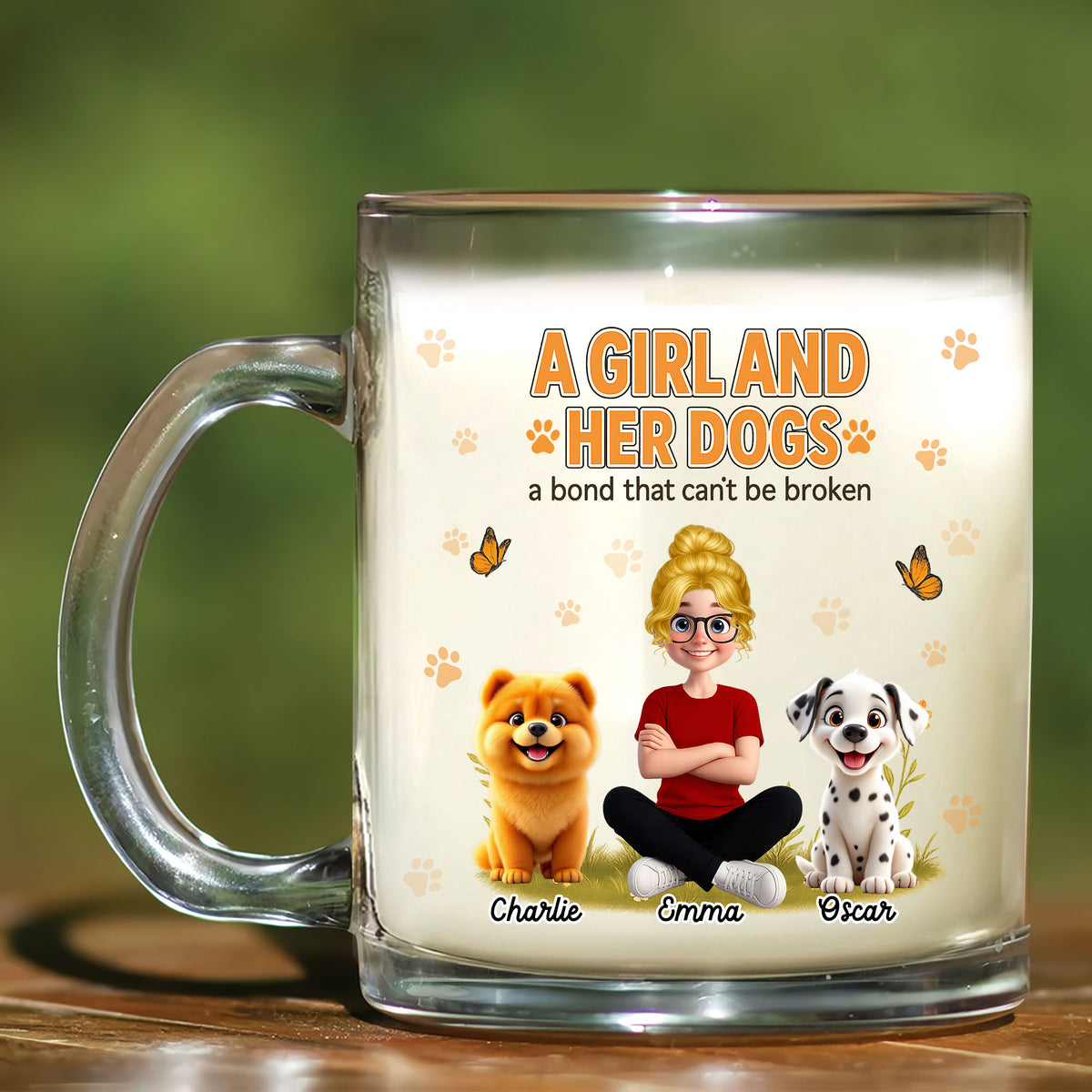 Unique Dog Lover Glass Mug: "A Girl and Her Dogs" Portrait. Personalized with Names. Perfect Clear Gift for Dog Moms