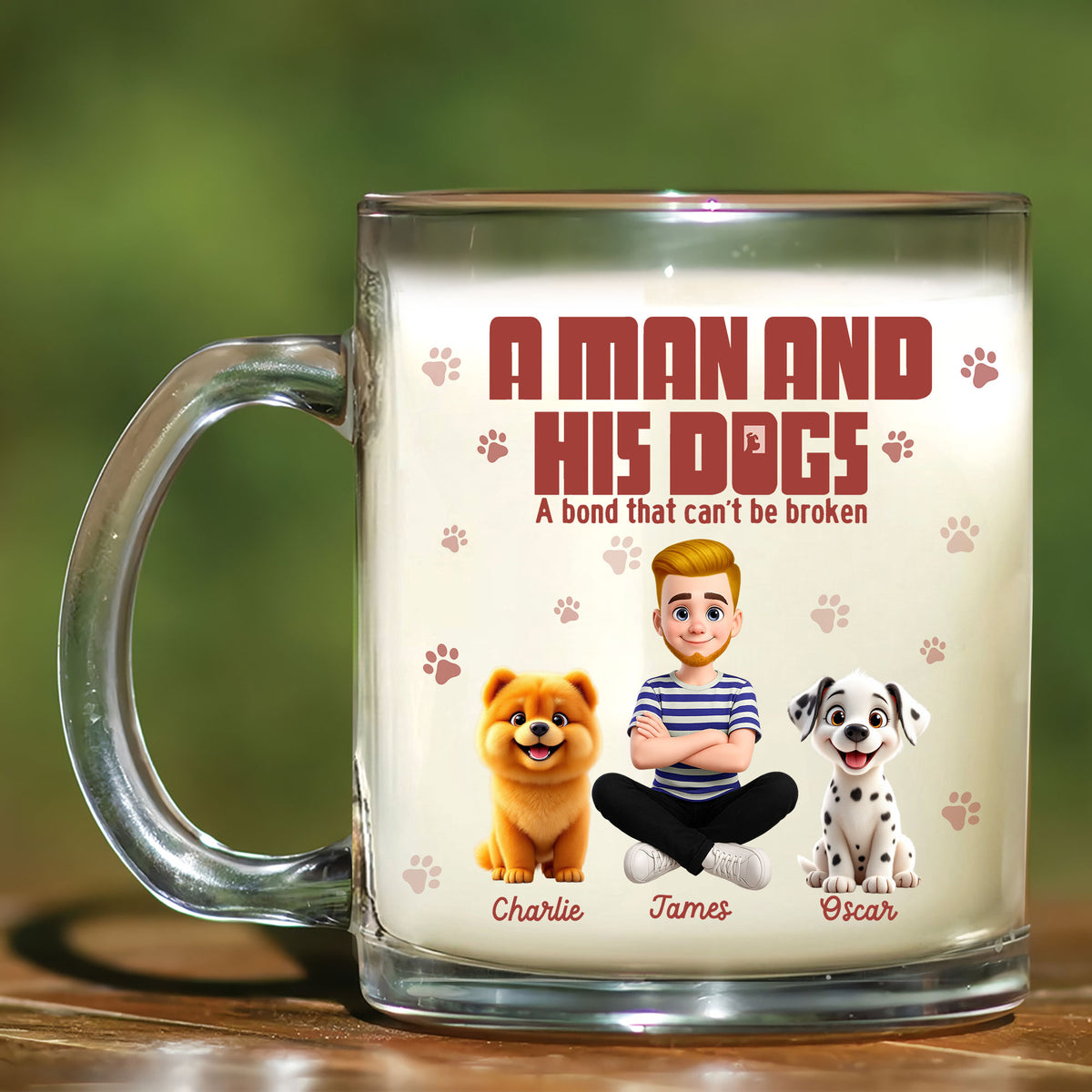 Unique Dog Lover Glass Mug: "A Man and His Dog" Portrait. Personalized with Names. Perfect Clear Gift for Dog Dads