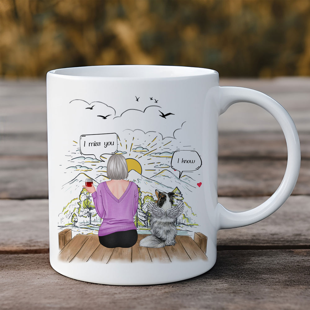 Pet memorial white ceramic mug on a rustic wooden table showcasing a mountain sunrise art design.