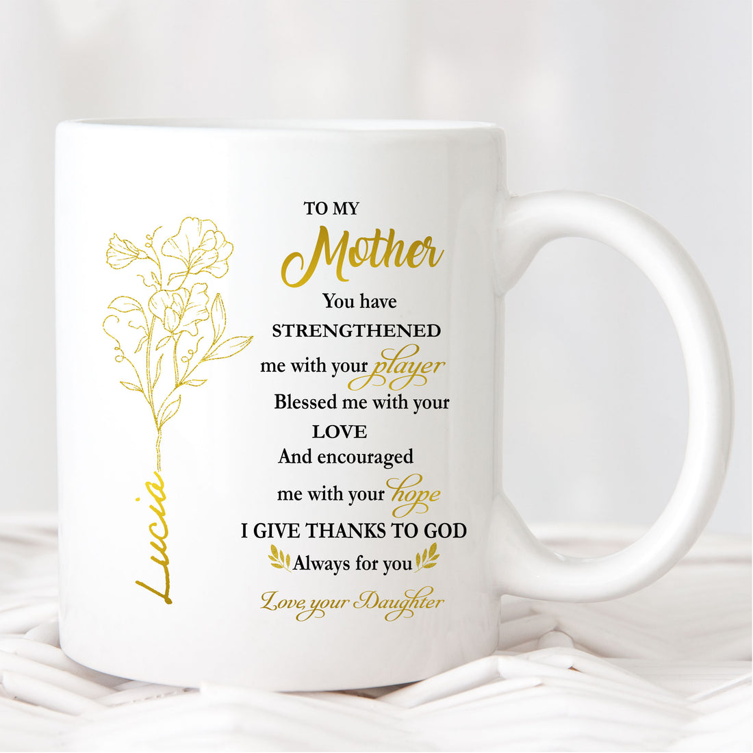 Show your Mom how much her strength and support mean to you with this special "To My Mother You Have Strengthened Me With Player" Ceramic Mug. Choose the perfect size and give a Personalized Mug that truly speaks from the heart!