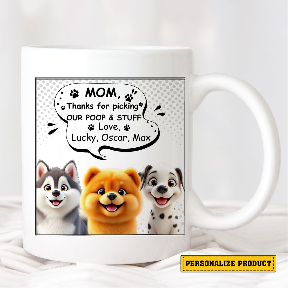 Personalized dog mom white ceramic mug sitting on a white surface, displaying illustrations of three smiling dogs and funny