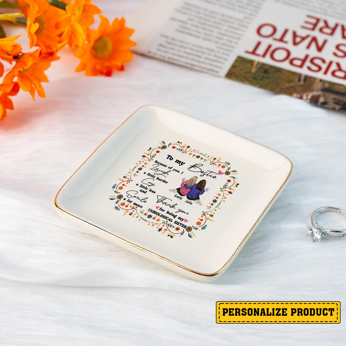 Personalized Besties Jewelry Dish, Thank You For Being My Unbiological Sister, Trinket Dish Jewelry Holder Gift For Friends Sisters Wedding - LuthCreative