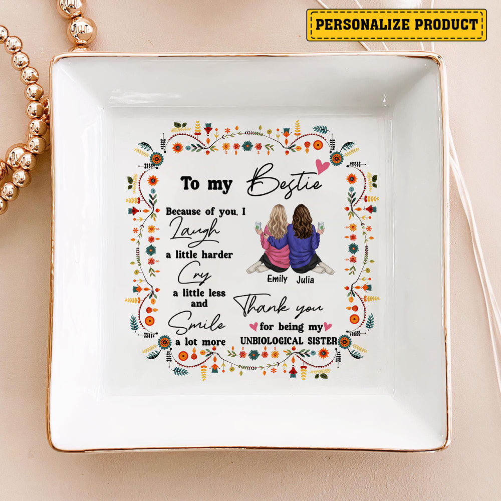 Friends ring dish in white glazed ceramic with gold edges, displaying custom female friends illustration and unbiological