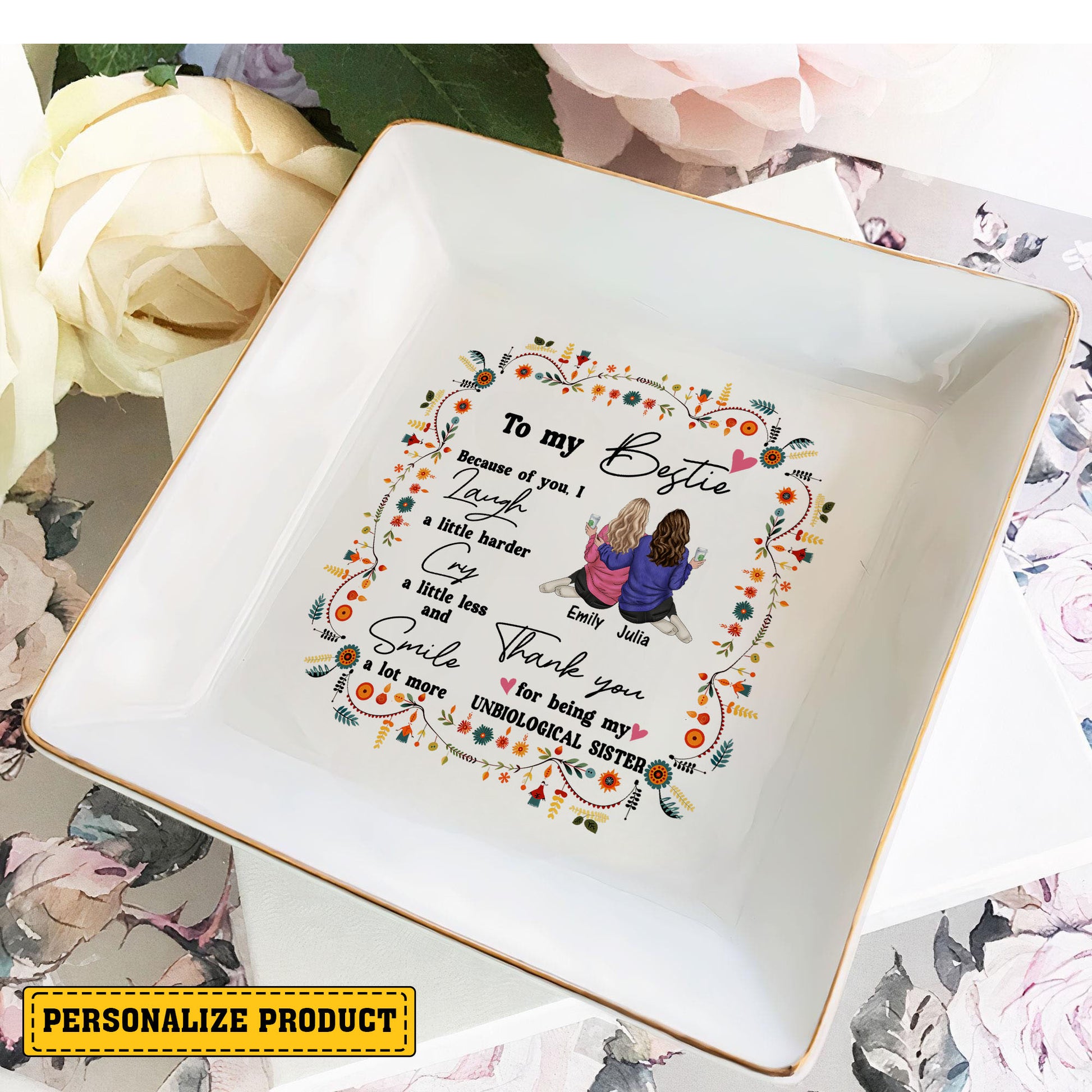 Personalized Besties Jewelry Dish, Thank You For Being My Unbiological Sister, Trinket Dish Jewelry Holder Gift For Friends Sisters Wedding - LuthCreative