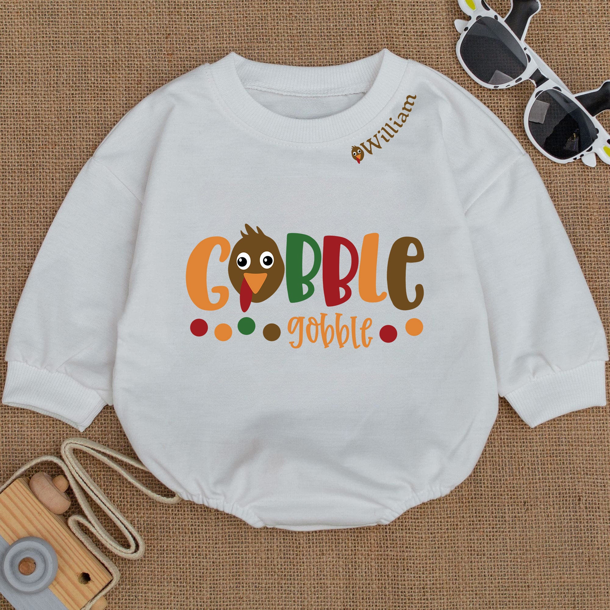 Baby Bodysuit Romper Long Sleeve Gobble Customize Name Neck Personalized Custom Babysuit - Gift For Baby And Mom - LuthCreative