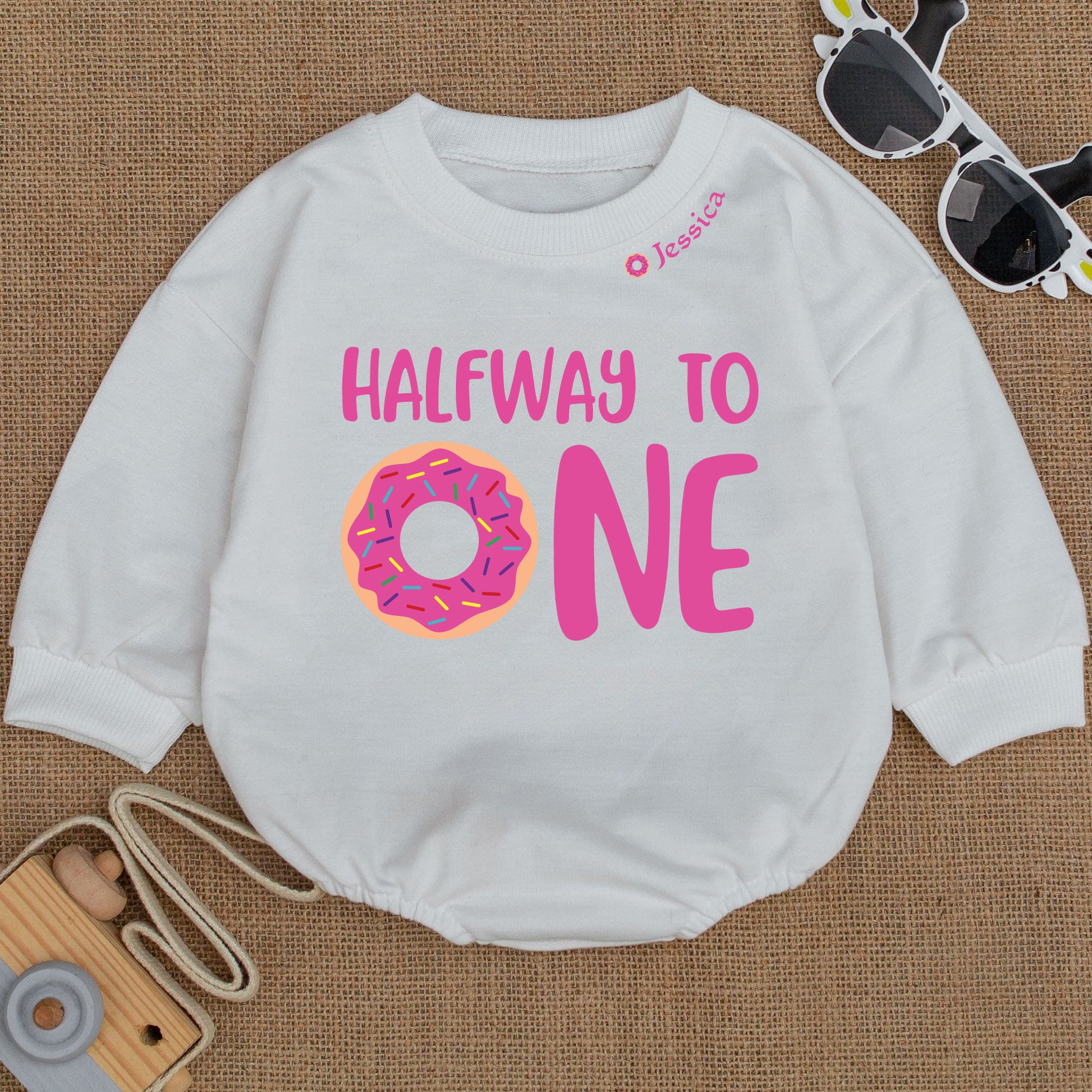 Baby Bodysuit Romper Long Sleeve Customize Halfway To One Personalized Custom Babysuit - Gift For Baby And Mom - LuthCreative