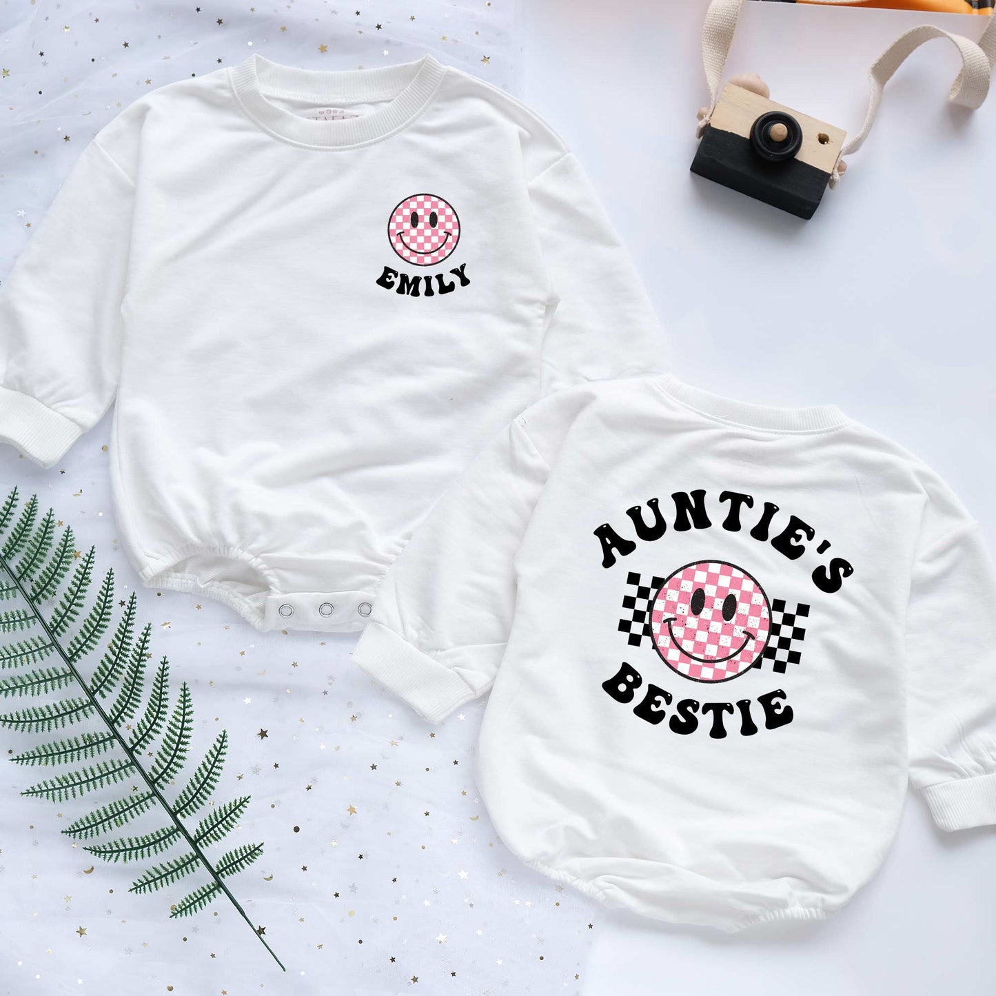 Auntie's Bestie Smile Face Custom Name Personalized Baby Romper - Short/Long Sleeve (0-2Y) - LuthCreative