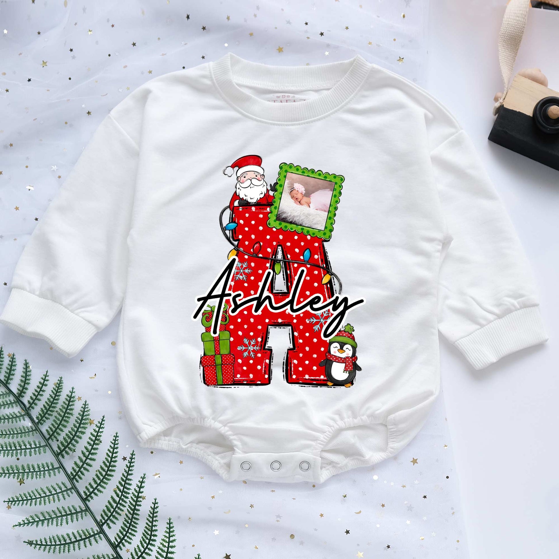 First Letter Custom Name Christmas Personalized Baby Romper - Short/Long Sleeve (0-2Y) - LuthCreative