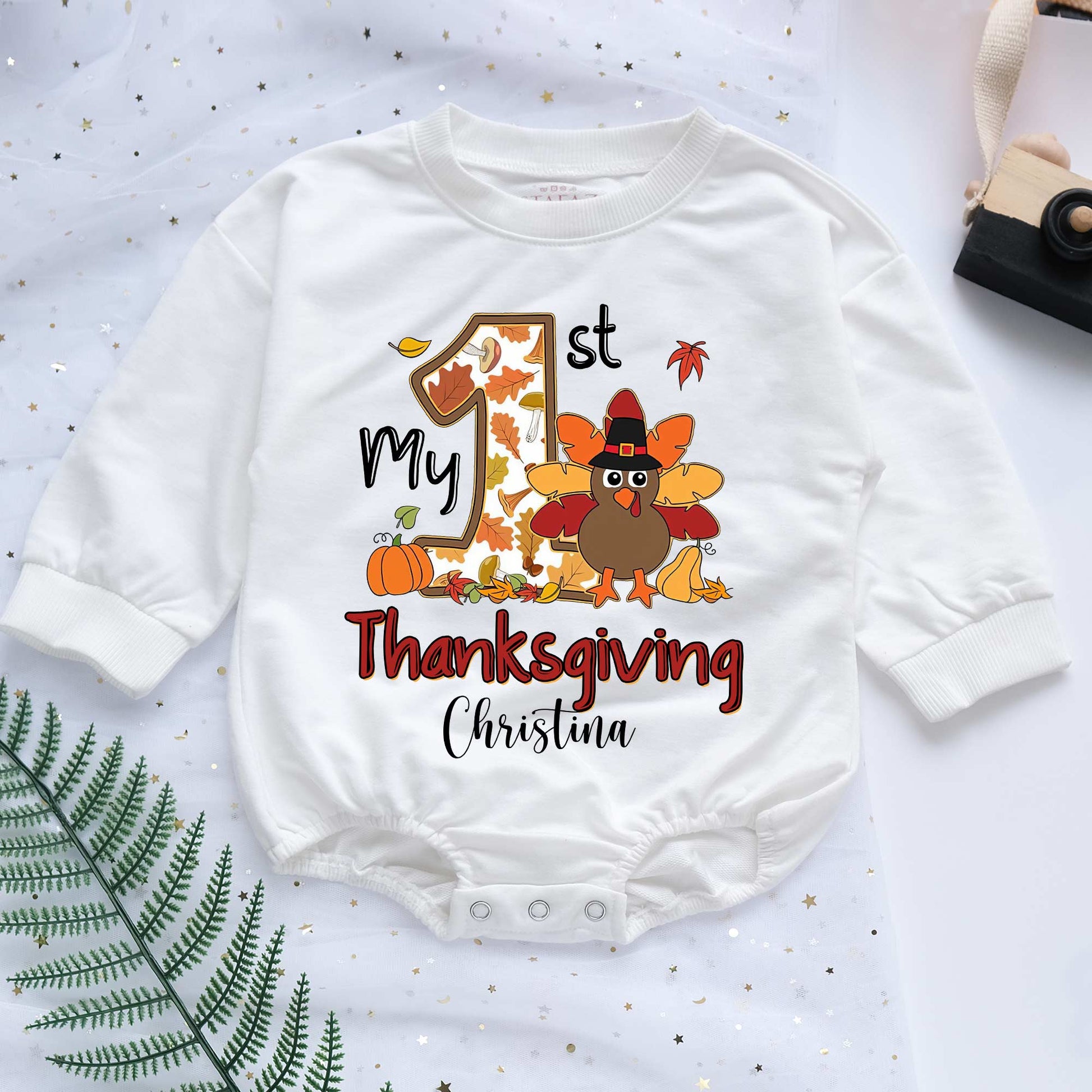 Personalized Baby's 1st Thanksgiving Romper - Custom Name & Short/Long Sleeve (0-2Y) - LuthCreative