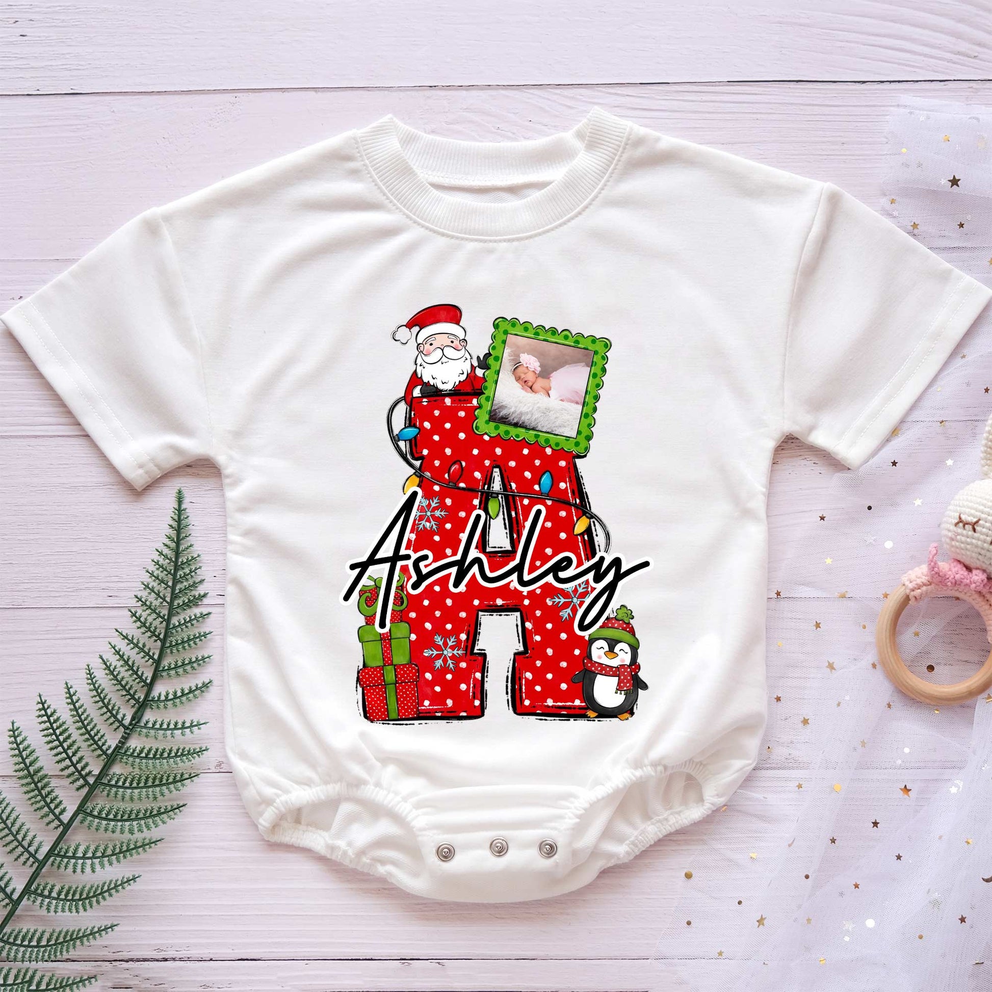 First Letter Custom Name Christmas Personalized Baby Romper - Short/Long Sleeve (0-2Y) - LuthCreative