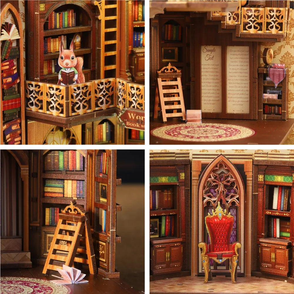 Four-panel close-up view of the wooden 3D dollhouse puzzle details, featuring miniature bookshelves, an ornate balcony, a
