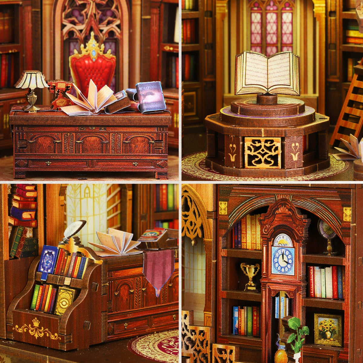 Four-panel detail shot of the LED book nook insert furniture, including a classic desk with an open book, a central display