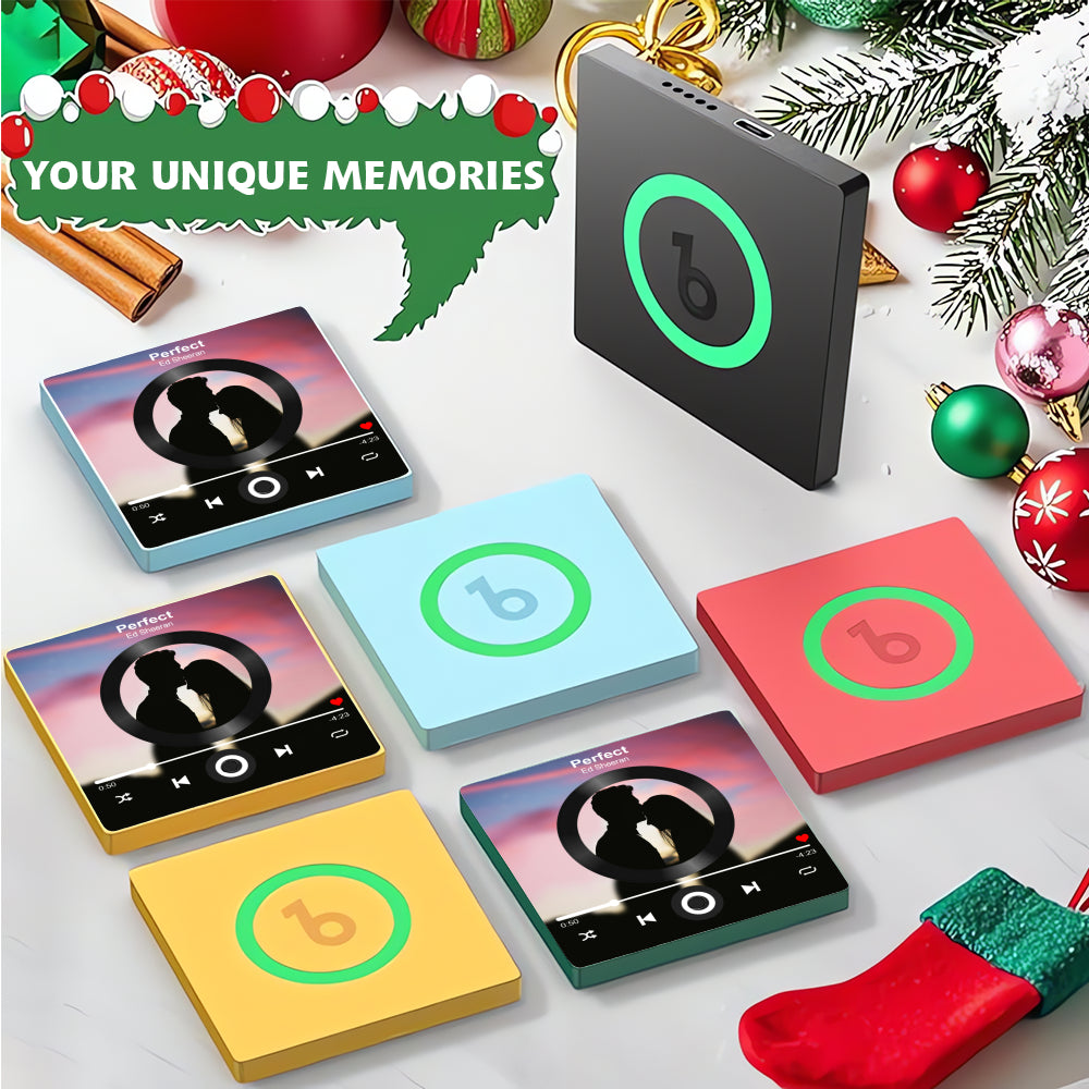Collection of colorful personalized music player fridge magnets arranged among holiday decorations