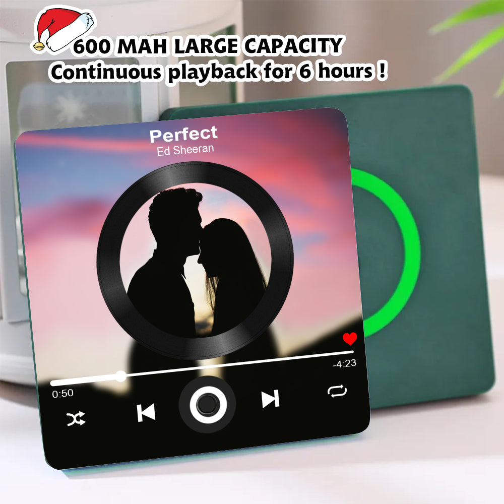 Custom photo fridge magnet shaped like a music player with green background and long battery life.