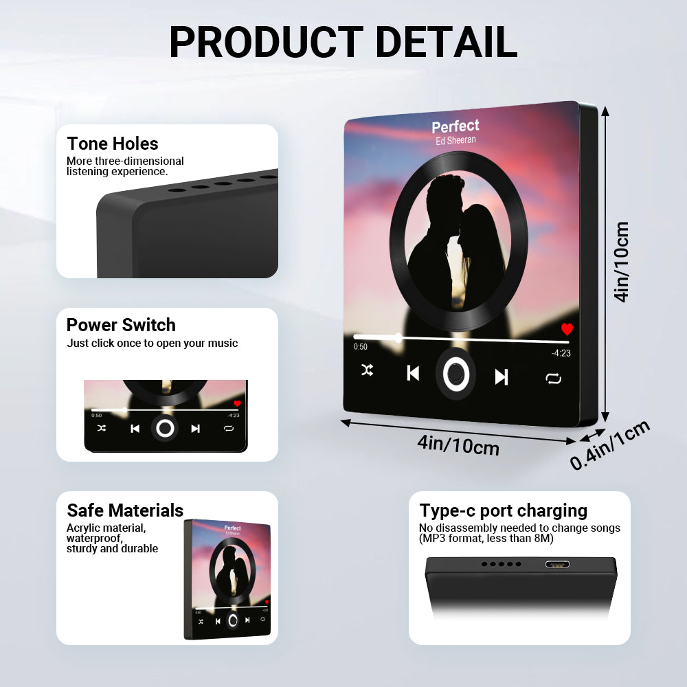 Product dimension and feature breakdown infographic for a square customized music player fridge magnet