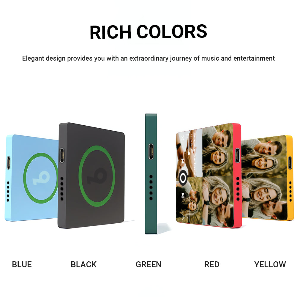 Five colorful fridge magnets in blue, black, green, red, and yellow, showing side ports and custom photo designs.