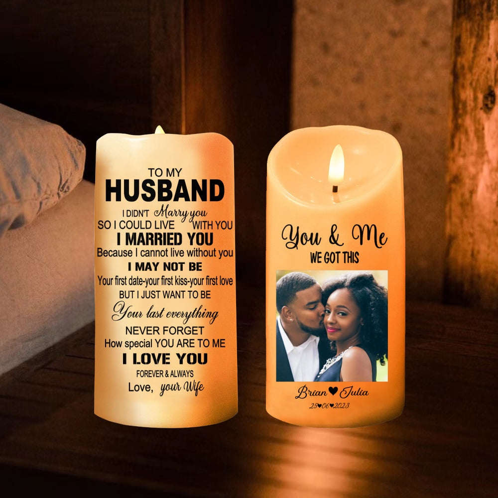Two flameless LED candles side-by-side, one showing a couple's photo and the other displaying a heartfelt poem for a husband.