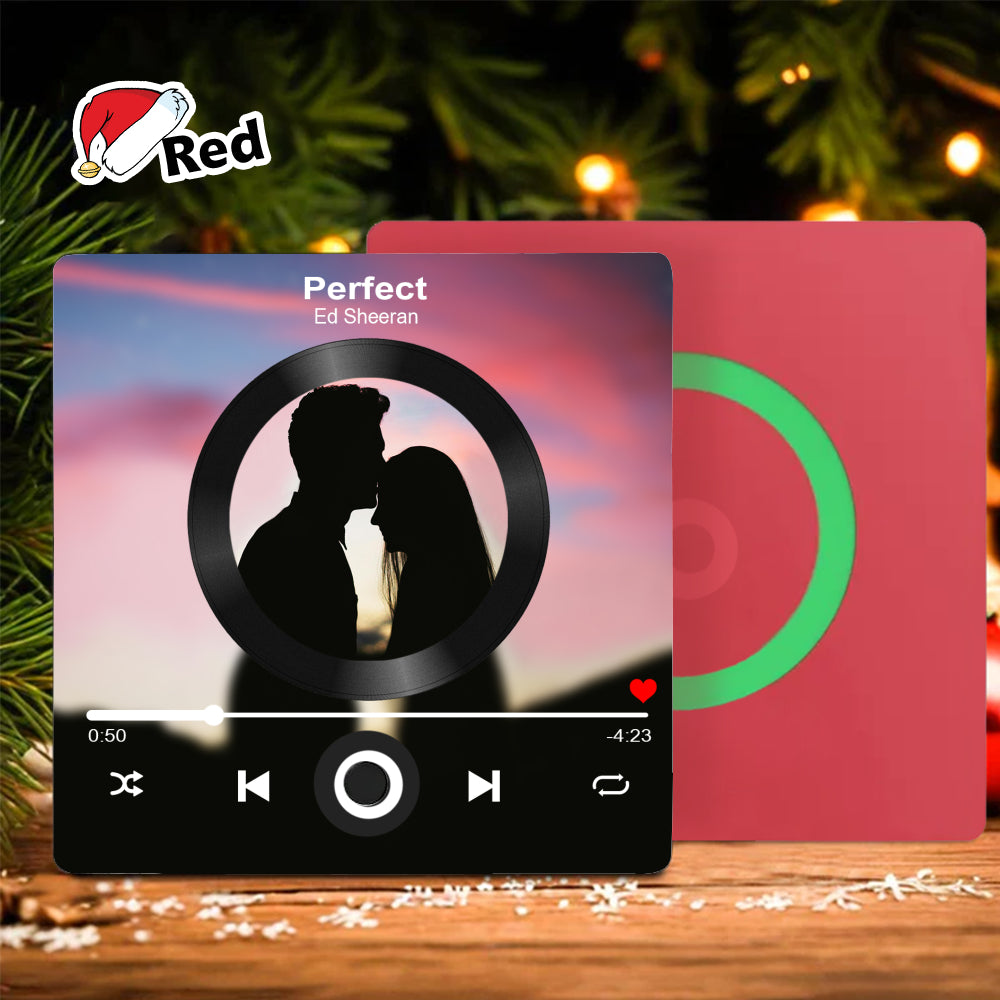 Personalized music player fridge magnet in red featuring a romantic couple custom photo design.