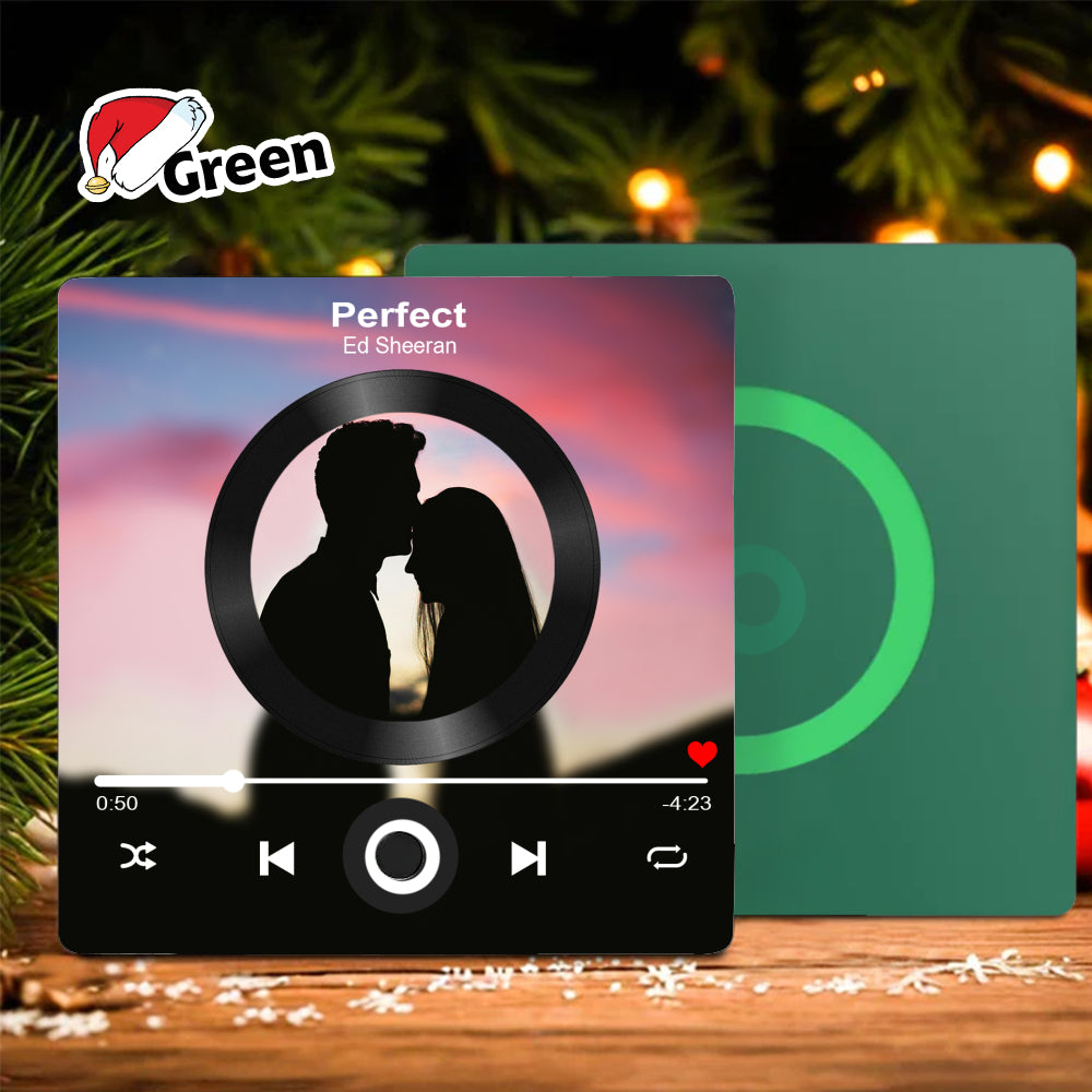 Square music player refrigerator magnet in green with custom photo and playback button interface.