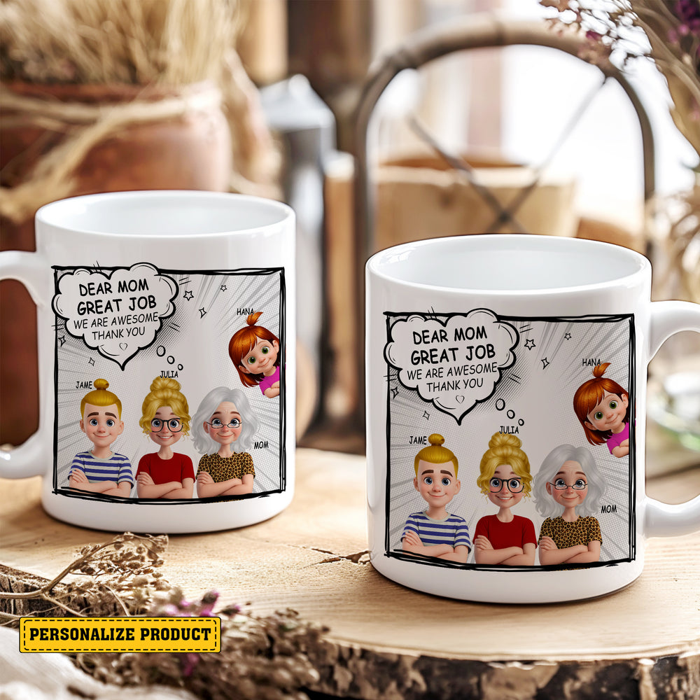 Two personalized comic book family ceramic mugs displayed together on a rustic wooden surface with dried floral decor