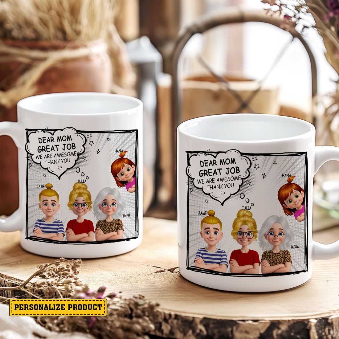 Dear Mom, Great Job, We Are Awesome - Custom Comic Book Style Family Mug for Mom with Names & Characters