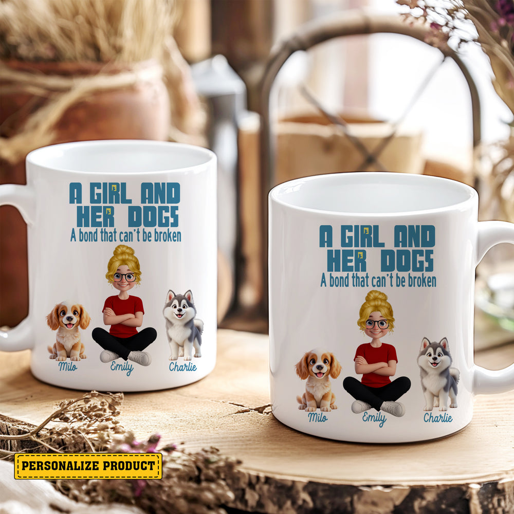 Two personalized dog mom mugs displayed on a rustic wooden board with dried flowers, showing custom avatars and names.